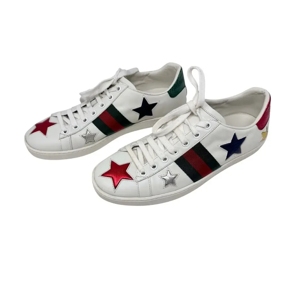 Gucci Ace Star Web Stripe Leather Sneakers 37.5 Metallic Python - Picture 5 of 11